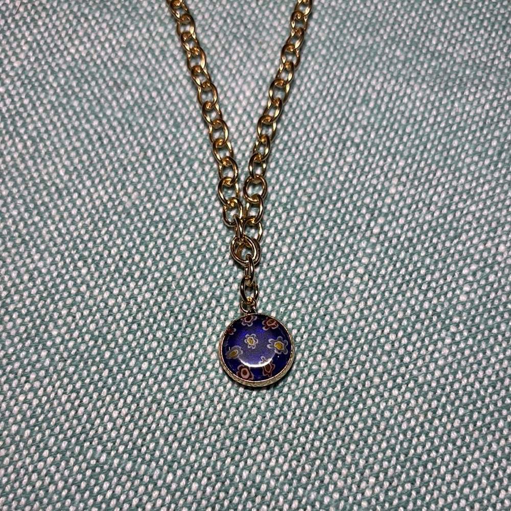 Elegant Gold and Blue Murano Glass Pendant Necklace
